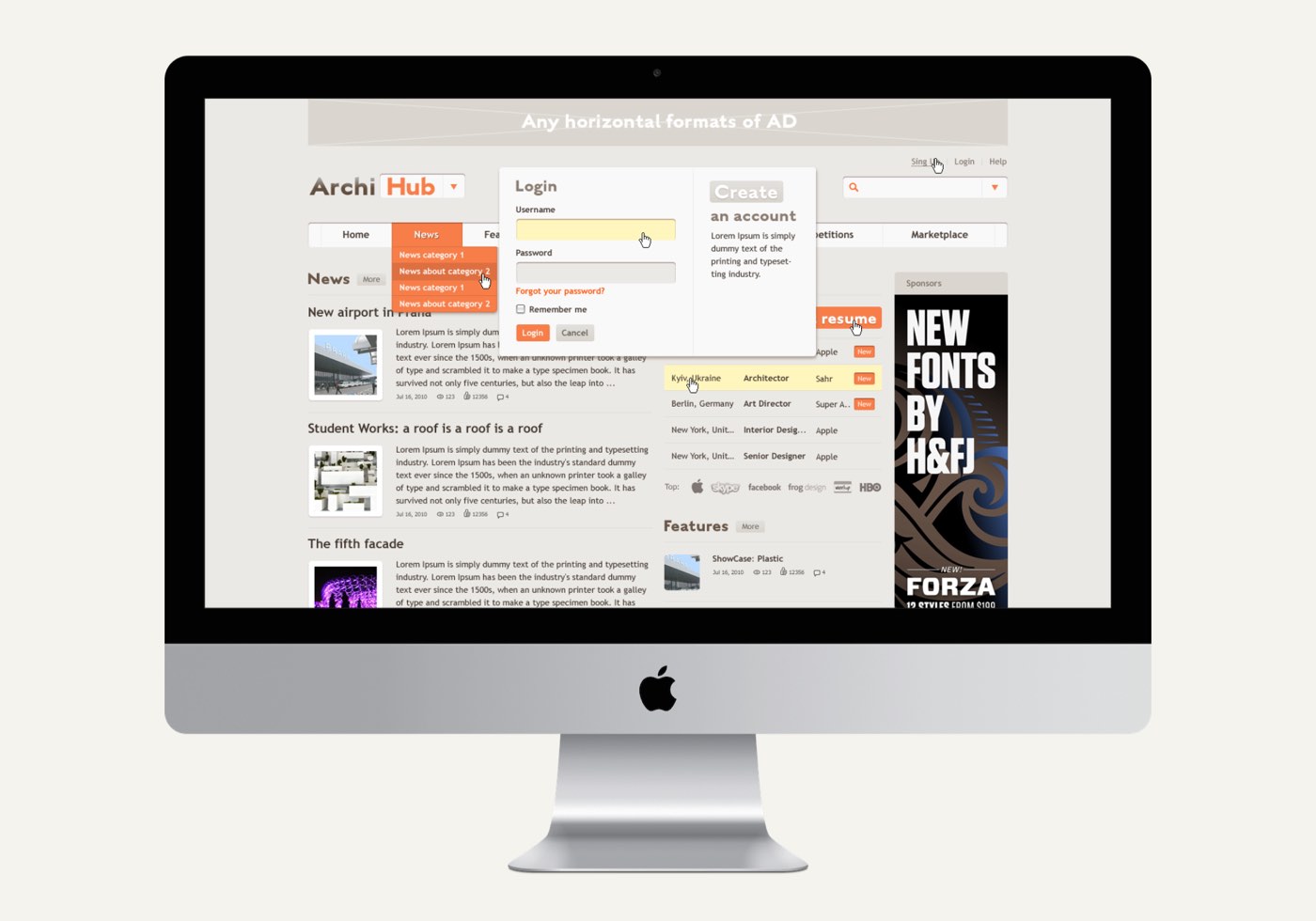 ArchiHub social platform wireframes